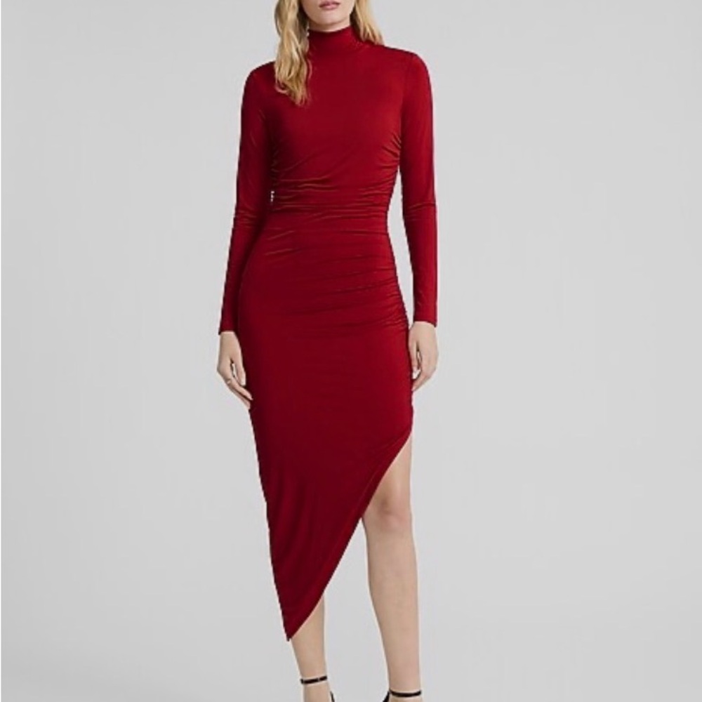 Express Burgundy Asymmetric Ruched Long Sleeve Dress
